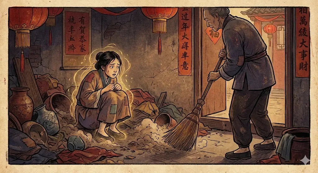 Tranh dân gian minh họa điển tích nàng Như Nguyệt trốn trong đống rác - giải thích nguồn gốc tục kiêng quét nhà ngày Tết.