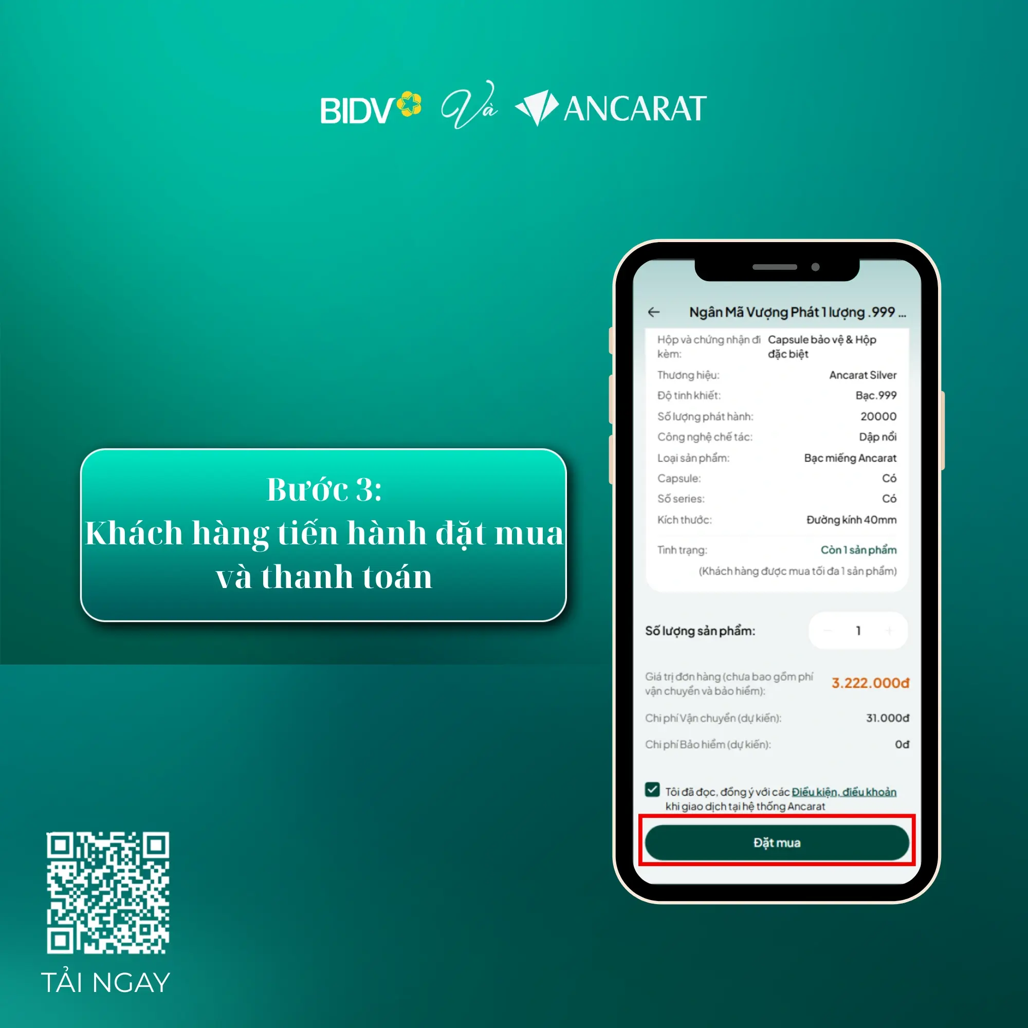 Màn hình xác nhận giao dịch thanh toán mua bạc Ancarat