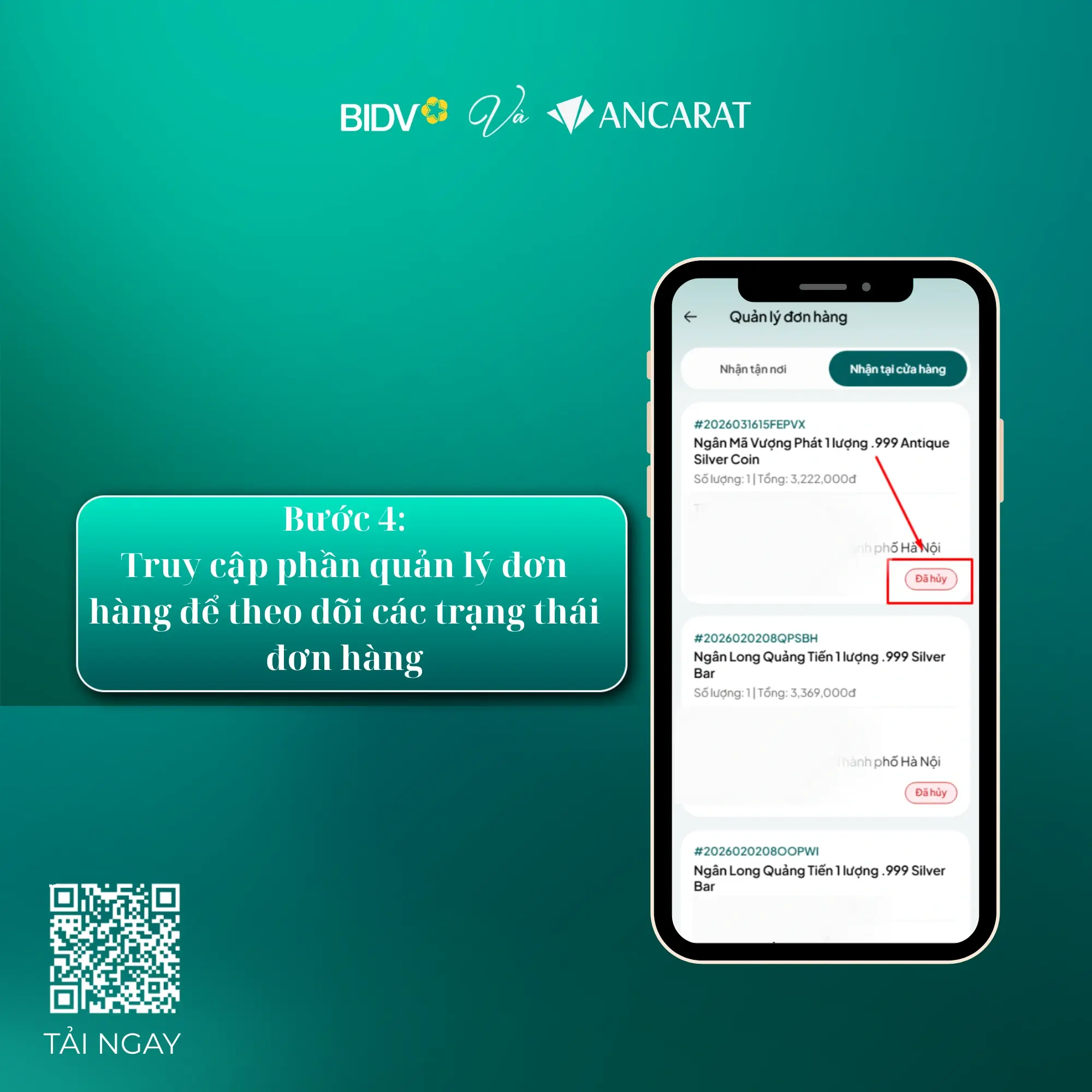 Màn hình "Quản lý đơn hàng". Tại đây hiển thị danh sách các đơn hàng Quý khách đã đặt kèm trạng thái chi tiết (ví dụ: Đã hủy) để dễ dàng theo dõi.