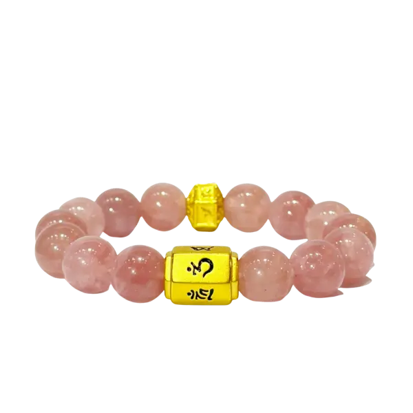 Vòng đá Thạch anh dâu phối charm Lục tự đại minh chú trụ lục giác