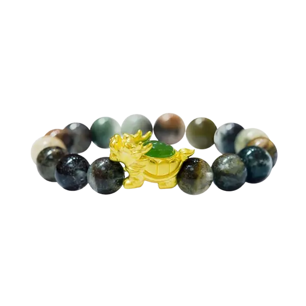 Vòng tay đá mắt hổ mix charm long quy cõng ngọc – May mắn – Tài lộc