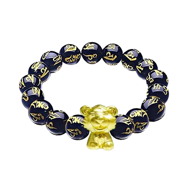 Vòng tay đá thạch anh đen chữ phối charm vàng kim dần – May mắn