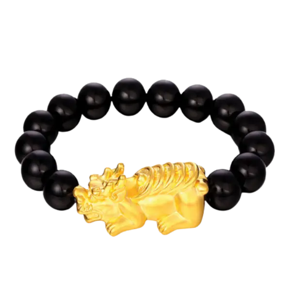 Vòng tay đá thạch anh đen mix charm vàng tỳ hưu