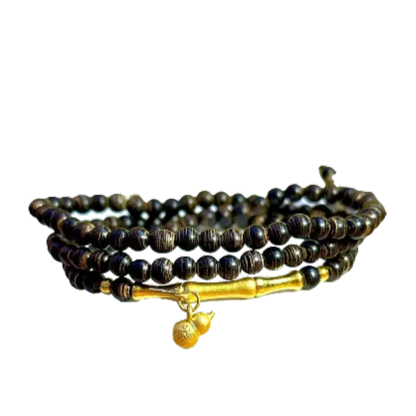 Vòng gỗ Trầm sánh 3mm phối Cây Trúc hồ lô mix Bi vàng