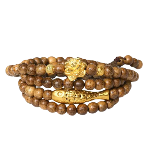 Vòng Trầm 108 Hạt Mix Vàng 24k Hoa Ngư – Hoa Sen Bình An