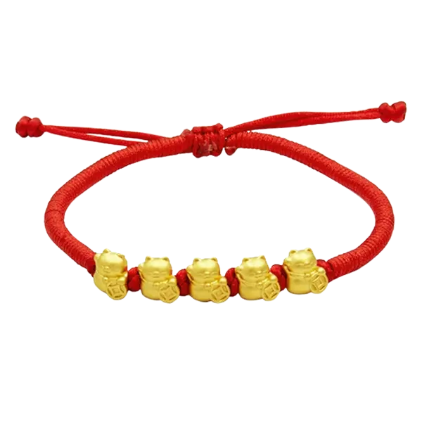 Vòng tay phối 5 charm vàng 24k Mèo chiêu tài – May mắn – Tài lộc