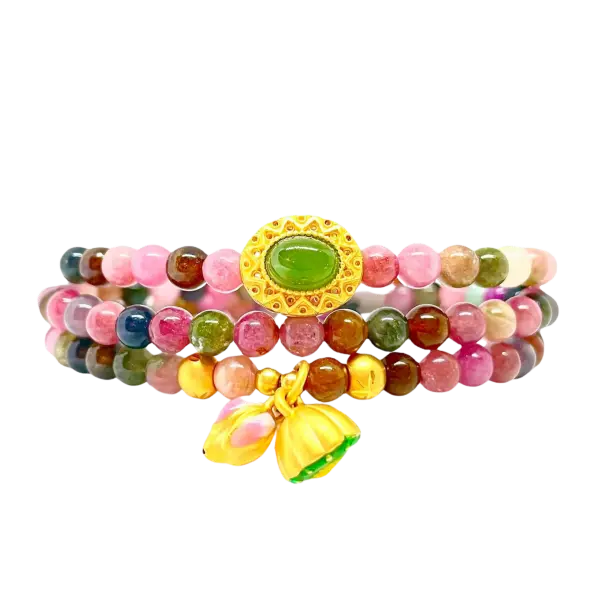 Vòng Đá Tourmaline 3mm phối Charm ngọc bích mix Mặt dây Búp sen Đài sen