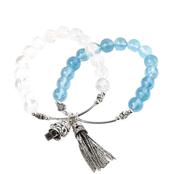 Vòng tay bạc đá Aquamarrine phối đá thạch anh trắng mix charm mèo chiêu tài