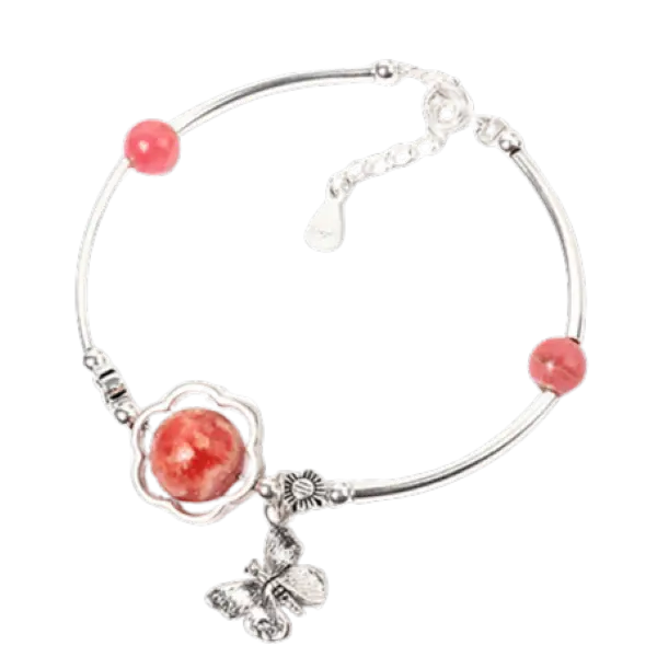 Vòng tay bạc đá đào hoa phối charm hoa mix bạc