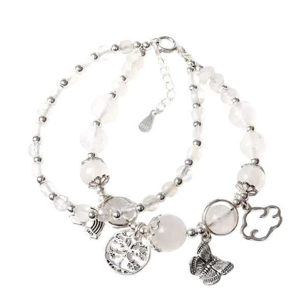 Vòng tay bạc đá moonstone phối đá thạch anh trắng mix bạc
