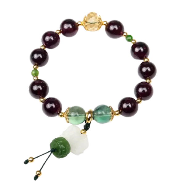 Vòng tay đá garnet phối ngọc hòa điền thời trang mix bạc