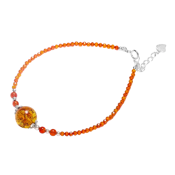 Vòng tay đá Hổ Phách phối Bi bạc mix bạc