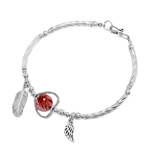 Vòng tay đá Thạch anh Tóc đỏ 1 hạt phối lông vũ mix bạc