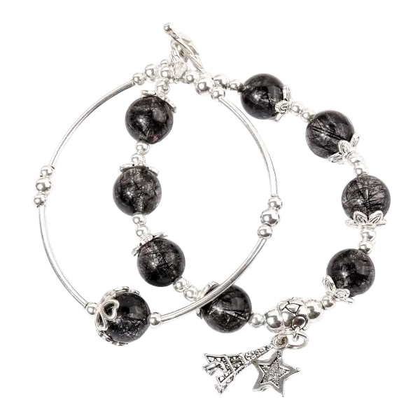 Vòng tay đôi đá thạch anh tóc đen phối charm bạc tháp mix bạc