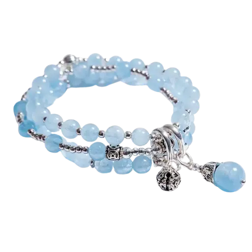 Vòng tay đá Aquamarine phối charm bạc rơi mix bạc