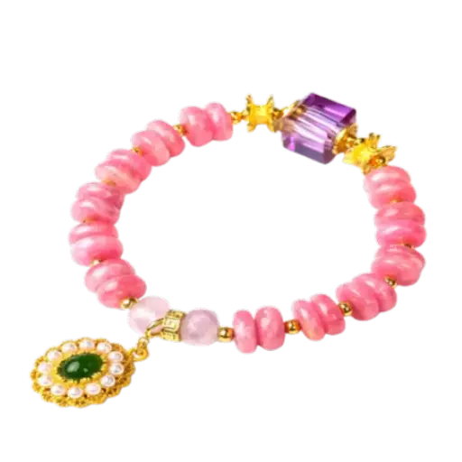 Vòng tay đá đào hoa phối ngọc hòa điền mix bạc