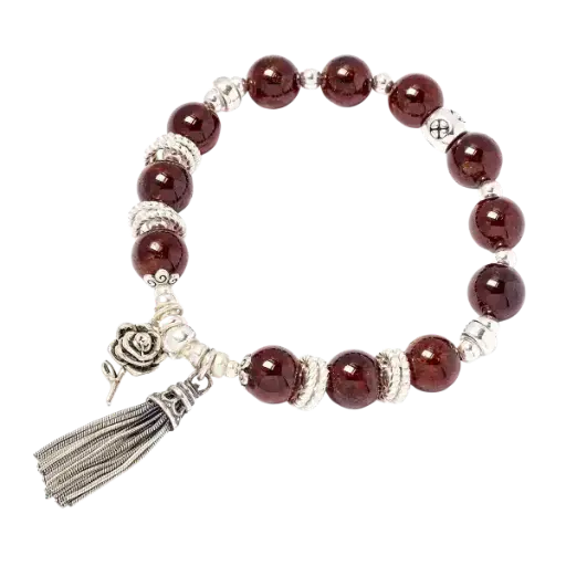 Vòng tay đá Garnet phối charm hoa hồng