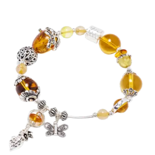 Vòng tay đá Hổ phách và Thạch anh vàng phối charm bướm