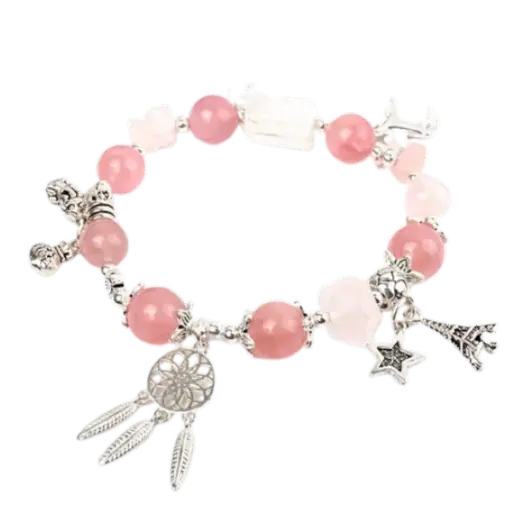 Vòng tay đá thạch anh hồng phối đá thạch anh trắng chuông gió mix bạc