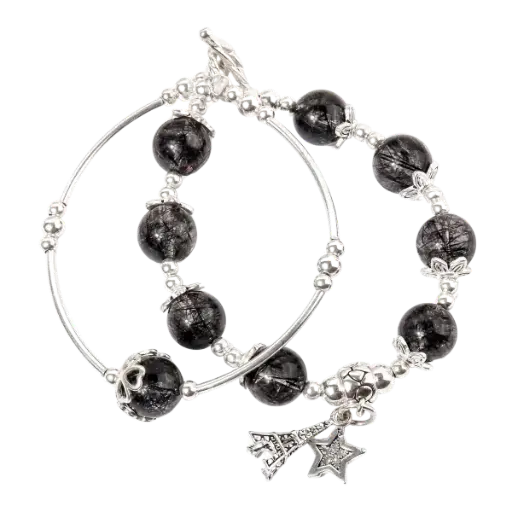 Vòng tay đôi đá thạch anh tóc đen phối charm bạc tháp mix bạc