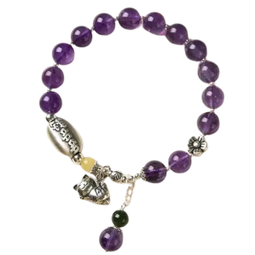 Vòng tay bạc  bình an, mèo chiêu tài mix thach anh tím