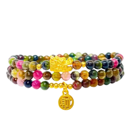 Vòng Đá Tourmaline 4mm phối Charm Đầu Rồng mix Mặt dây Chữ Phúc