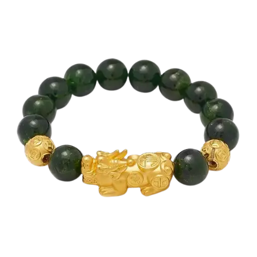 Vòng Đá Diopside Phối Charm Vàng 24k Tỳ Hưu Hạt Kim Tiền