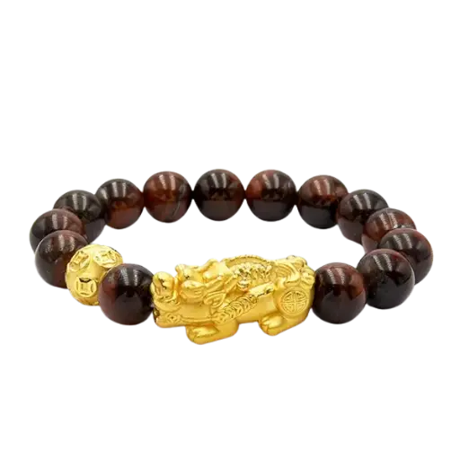 Vòng Đá Mắt Hổ Phối Charm Vàng 24k Tỳ Hưu Cõng Kim Ngư