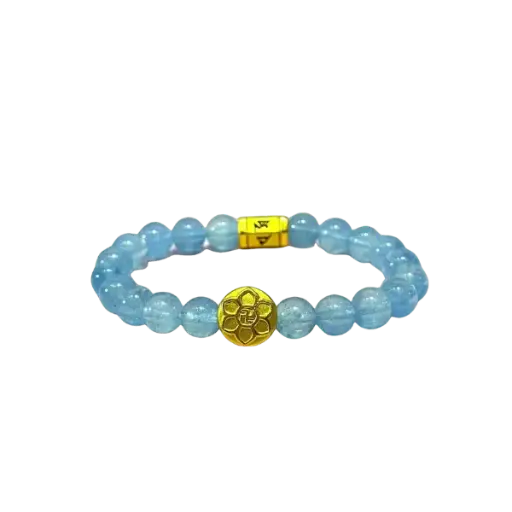 Vòng tay đá Aquamarine phối trụ lục giác minh chú mix hột hoa chữ Vạn