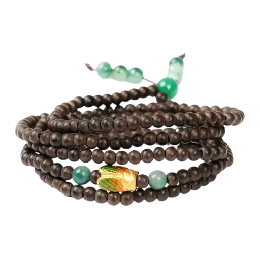 Vòng gỗ trầm hương mix charm vàng và đá phong thủy – May mắn – Bình an