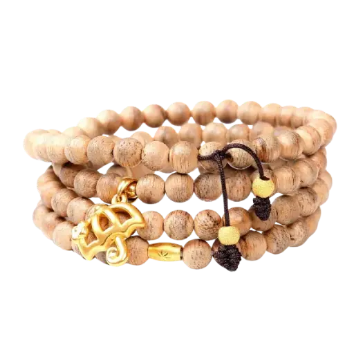 Vòng Trầm 108 Hạt Mix Charm Vàng 24k Cái Ô Hoa Văn May Mắn