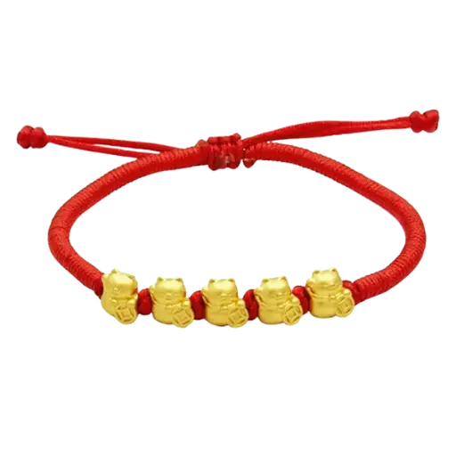 Vòng tay phối 5 charm vàng 24k Mèo chiêu tài – May mắn – Tài lộc