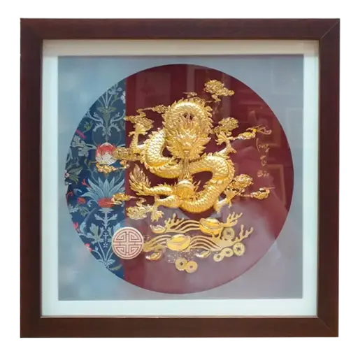 [AO9992.Q016.T002] Tranh Mạ Vàng 24K Kim Long Tụ Bảo – Tài lộc – May mắn